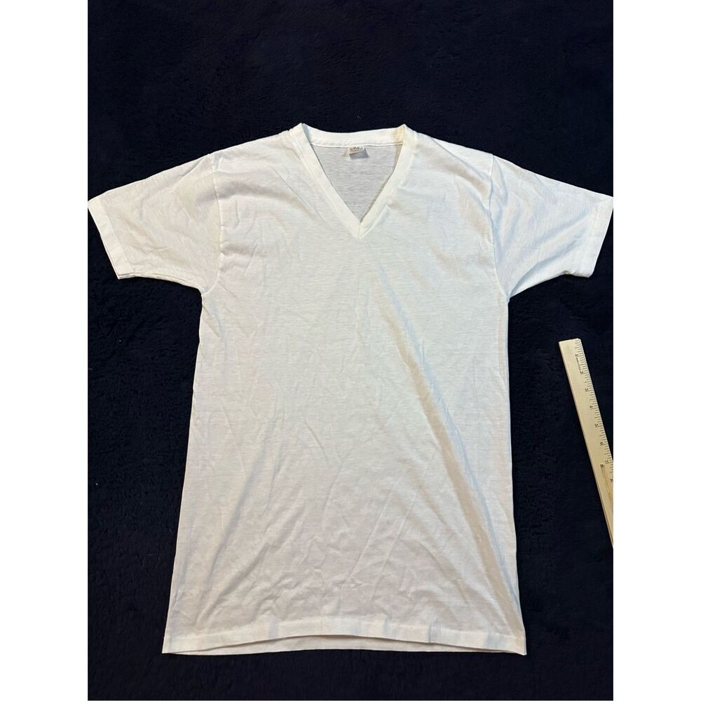 Vintage 1980s Jockey V Neck White T Shirt Single Stitch CL3 Mens Large